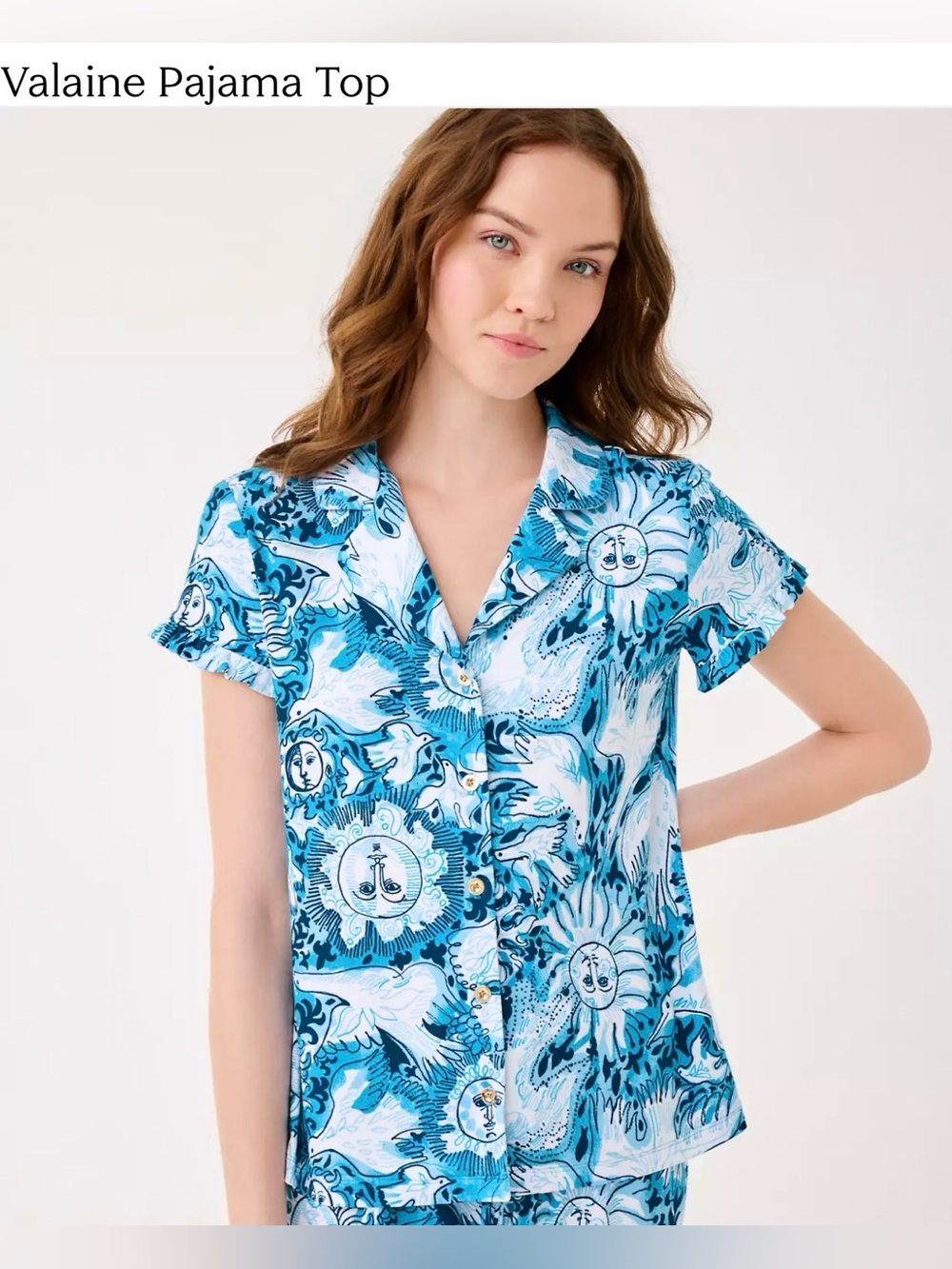 Lilly Pulitzer Bellevue Blue Lilly Gulls Valaine Short-Sleeve Pajama TOP NWT